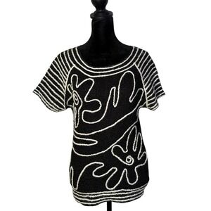 UBU Crinkled Top Womens S‎ Black White Abstract Art To Wear Stretch Statement